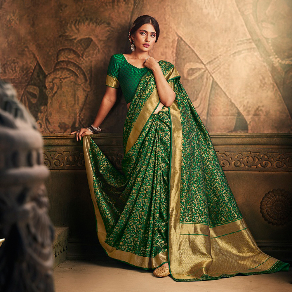 6.5 Meter Printed Dark Green Banarasi Semi Georgette Silk Saree, With  Blouse Piece