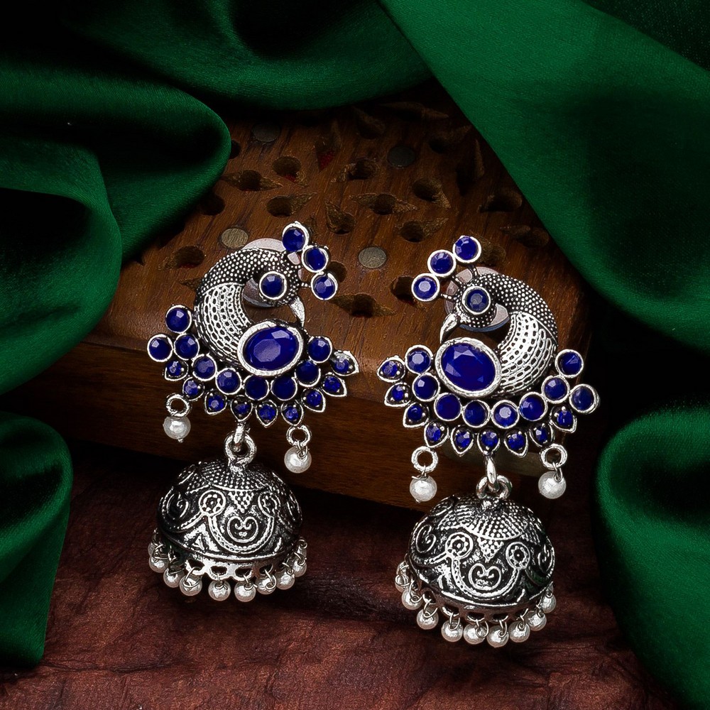 Earrings : Alloy oxidised silver kundan pearl jhumka ear ...