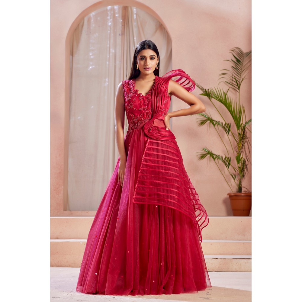 red embroidered satin party wear gown - Freyaa - 3070994-pokeht.vn