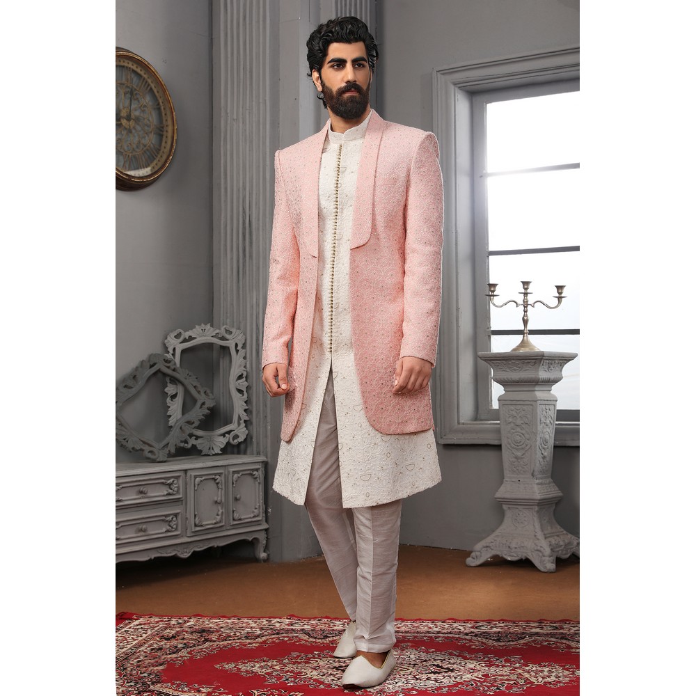 Pink & White Banarasi Silk 3 Piece Indo-Western Sherwani – GlamRoad